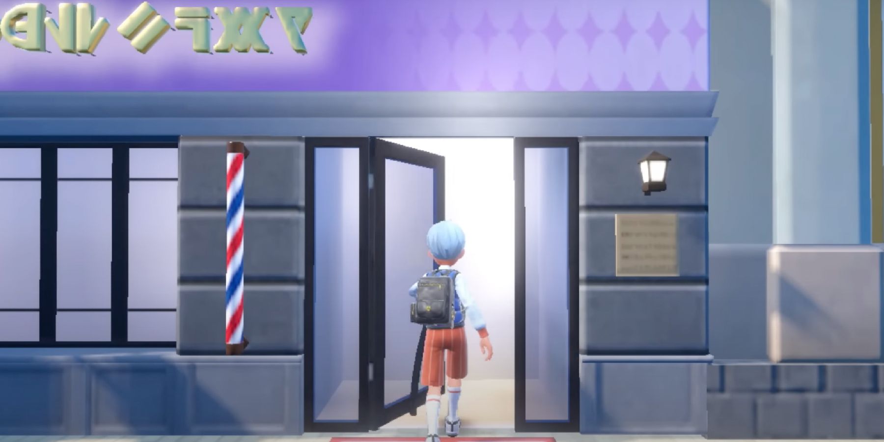 The player entering a hair salon in Pokémon Scarlet and Violet.